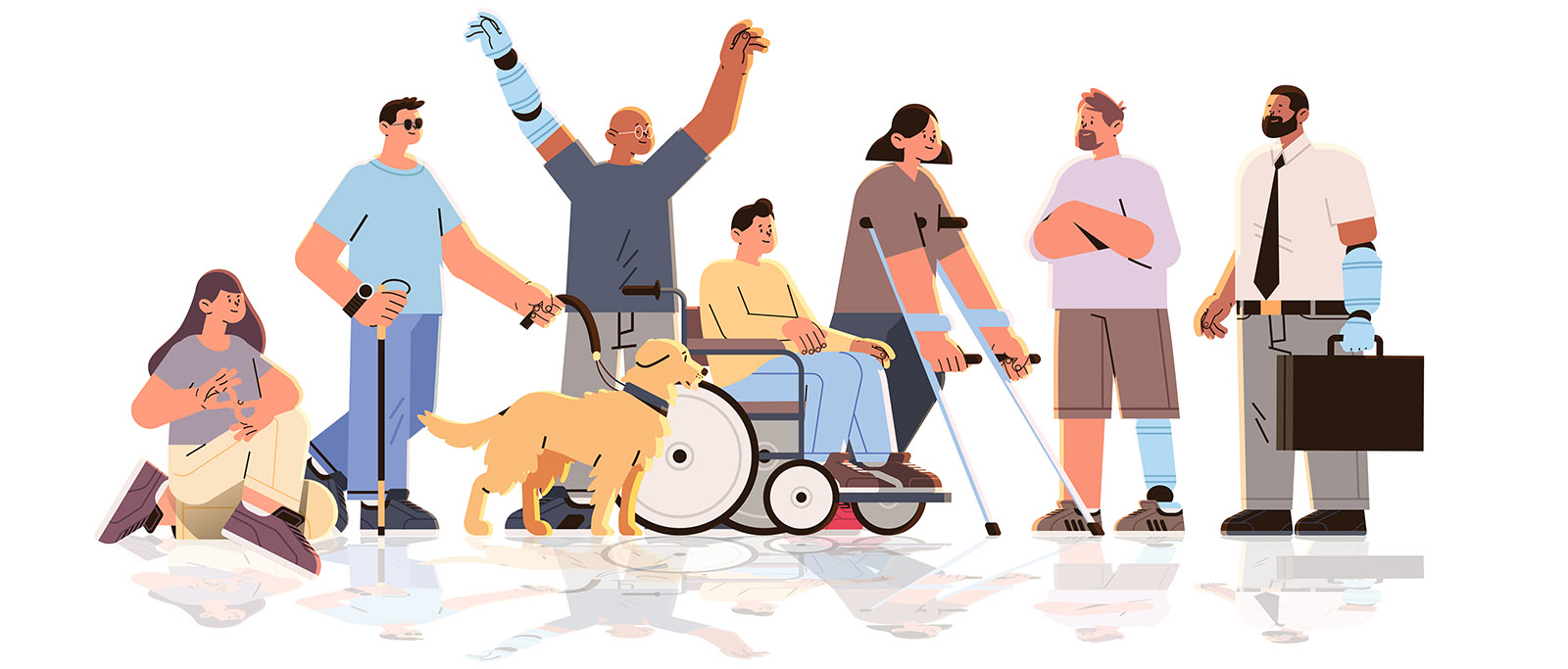 group of young disabled men and women standing together feeling positive and confident people with disabilities concept horizontal vector illustration